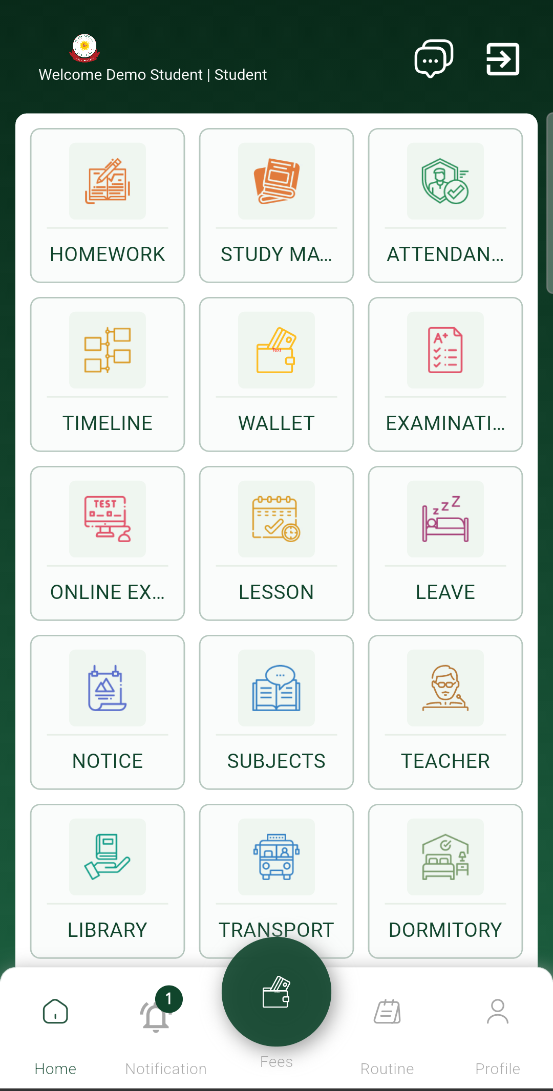 App dashboard with homework, attendance, fees, and more