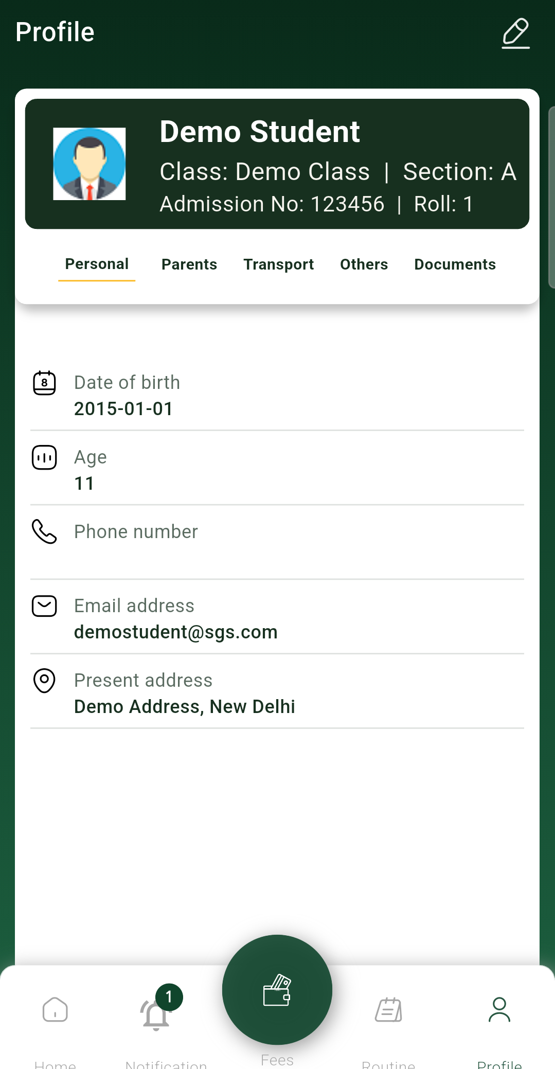 Student profile screen